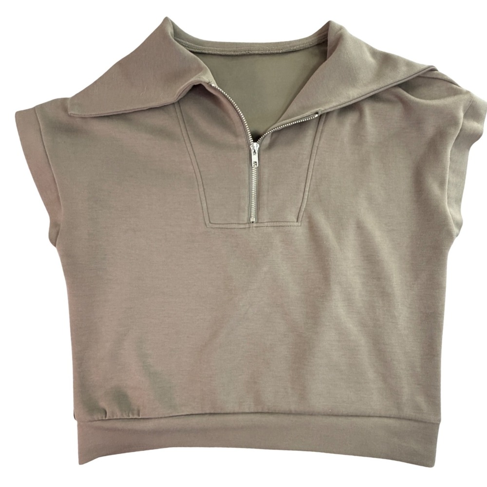 Womens Sleeveless Collared Quarter Zip Crop Top Taupe Size M